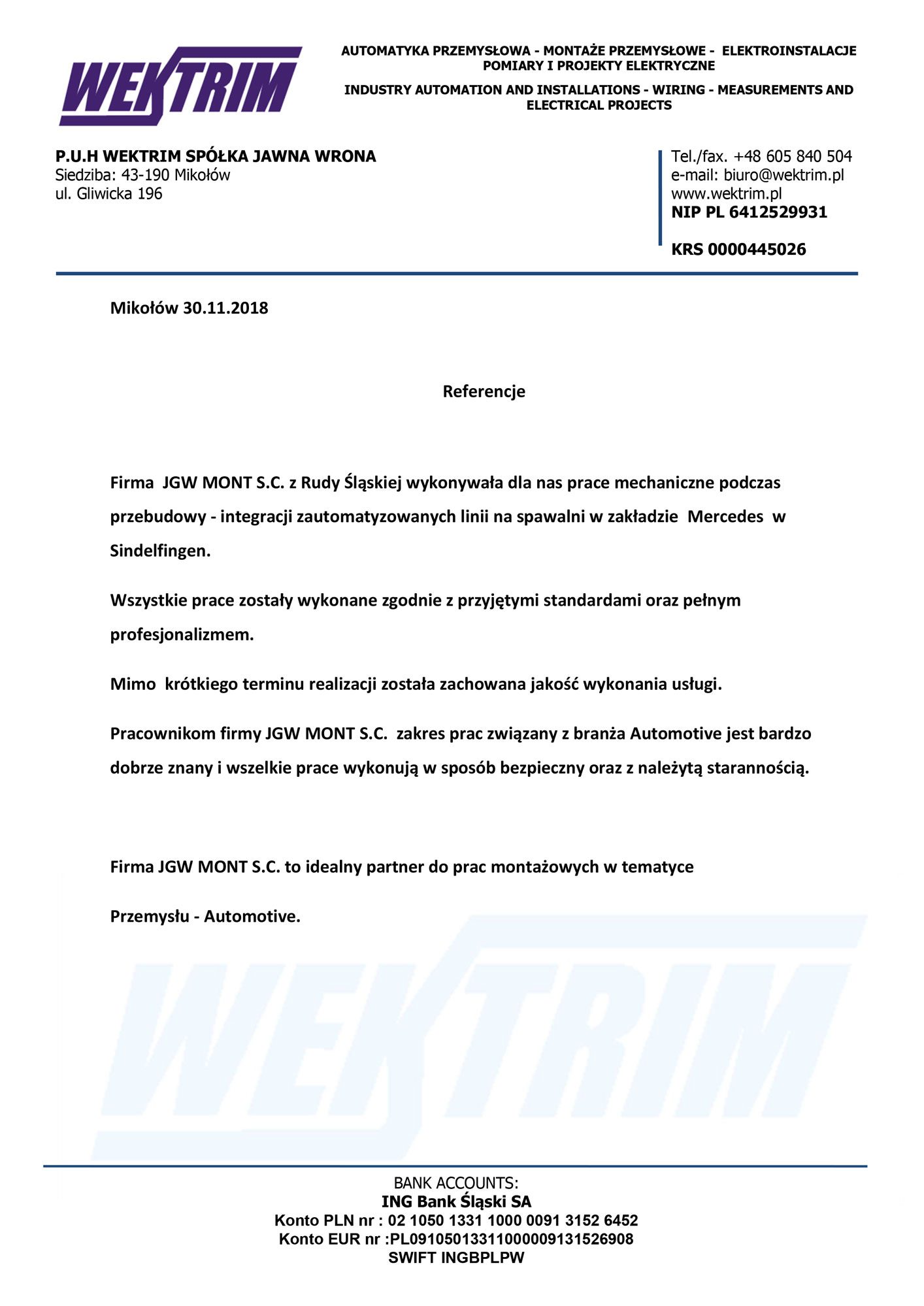Skan listu referencyjnego od firmy WEKTRIM