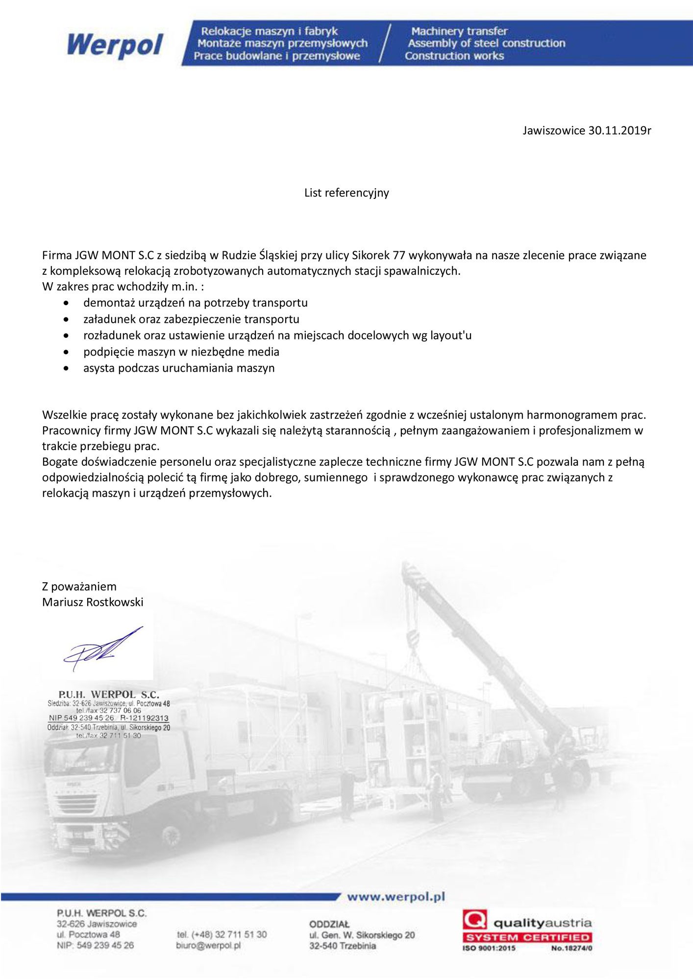 Skan listu referencyjnego od firmy WERPOL